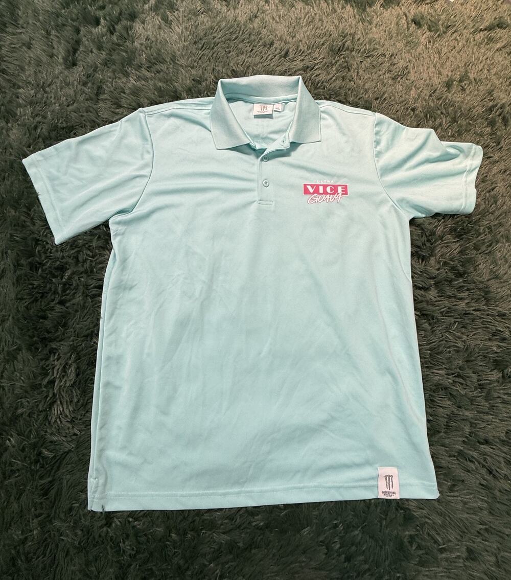 Monster Energy Ultra Vice Guava Polo Shirt Men's Large L Aqua Performance Tee